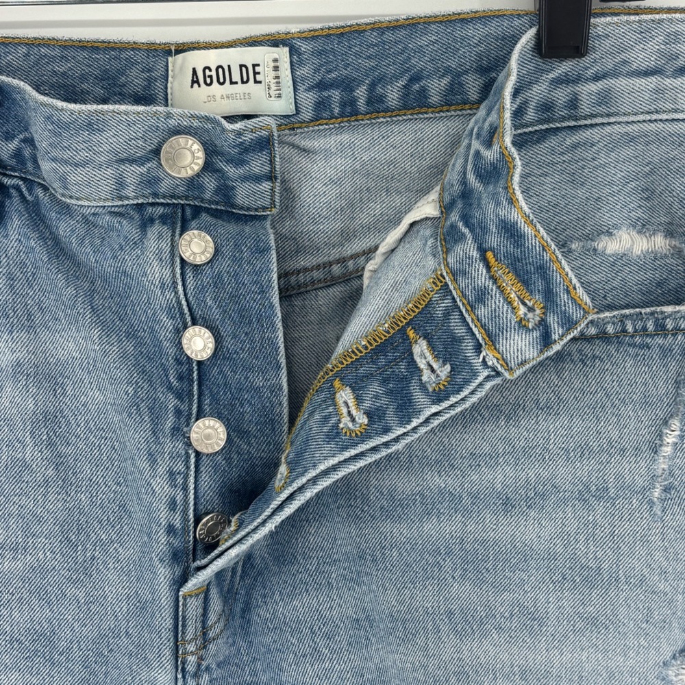 Agolde Parker Long Denim Shorts Swapmeet Light Blue Wash Women Size 31 Raw Hem - Picture 9 of 15